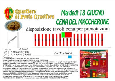 Prenotazioni Cena del Maccherone martedi 18