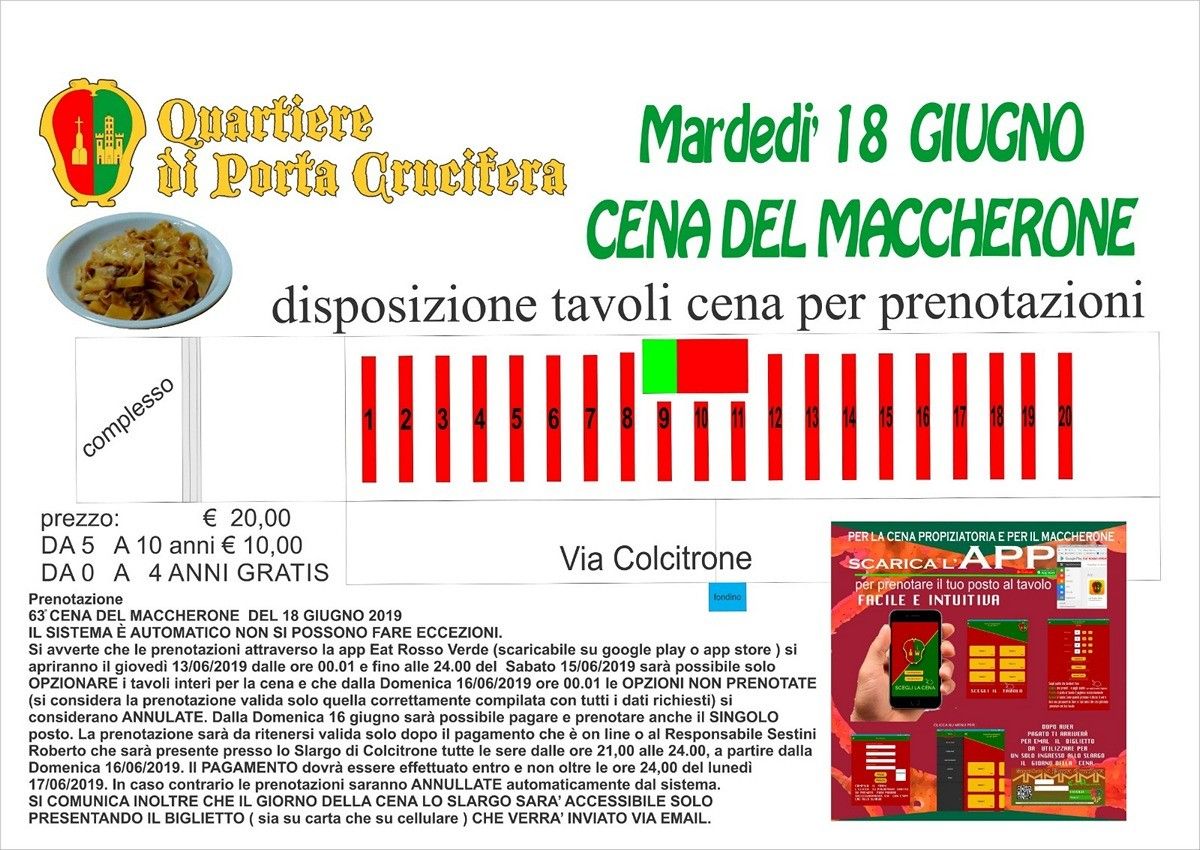 Prenotazioni Cena del Maccherone martedi 18