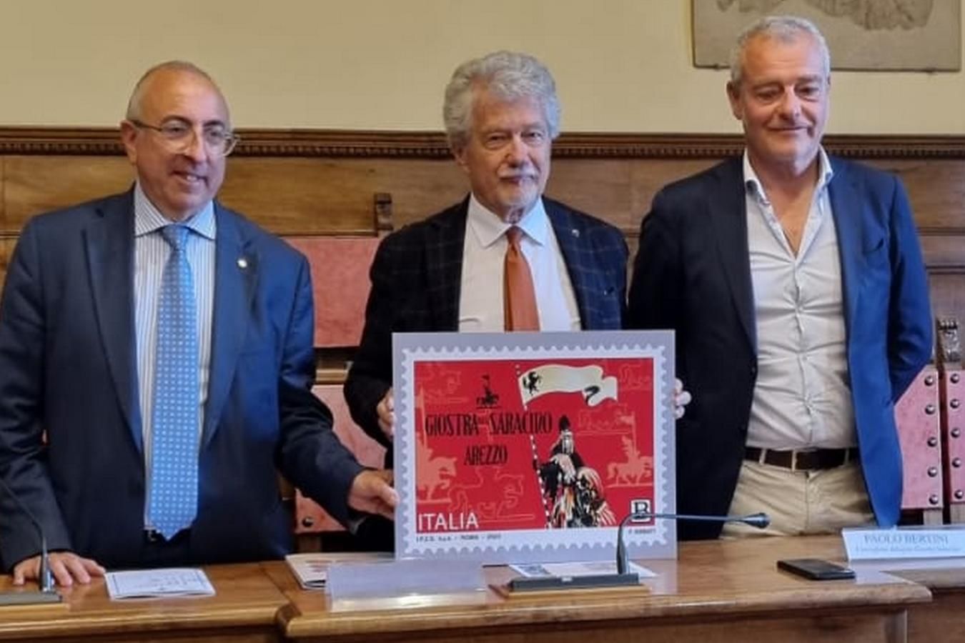 Presentazione francobollo Giostra, aziende sponsor e il libretto della scenografia