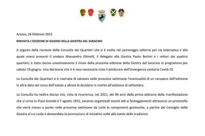 La Giostra di giugno rinviata